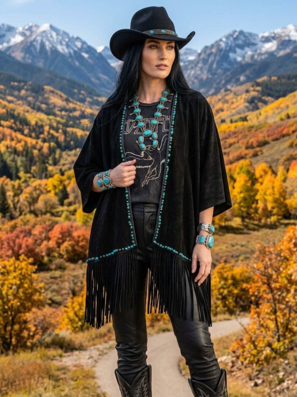 Turquoise Stone Beads Black Thick Faux Suede and Leather Fringe Boho O/S